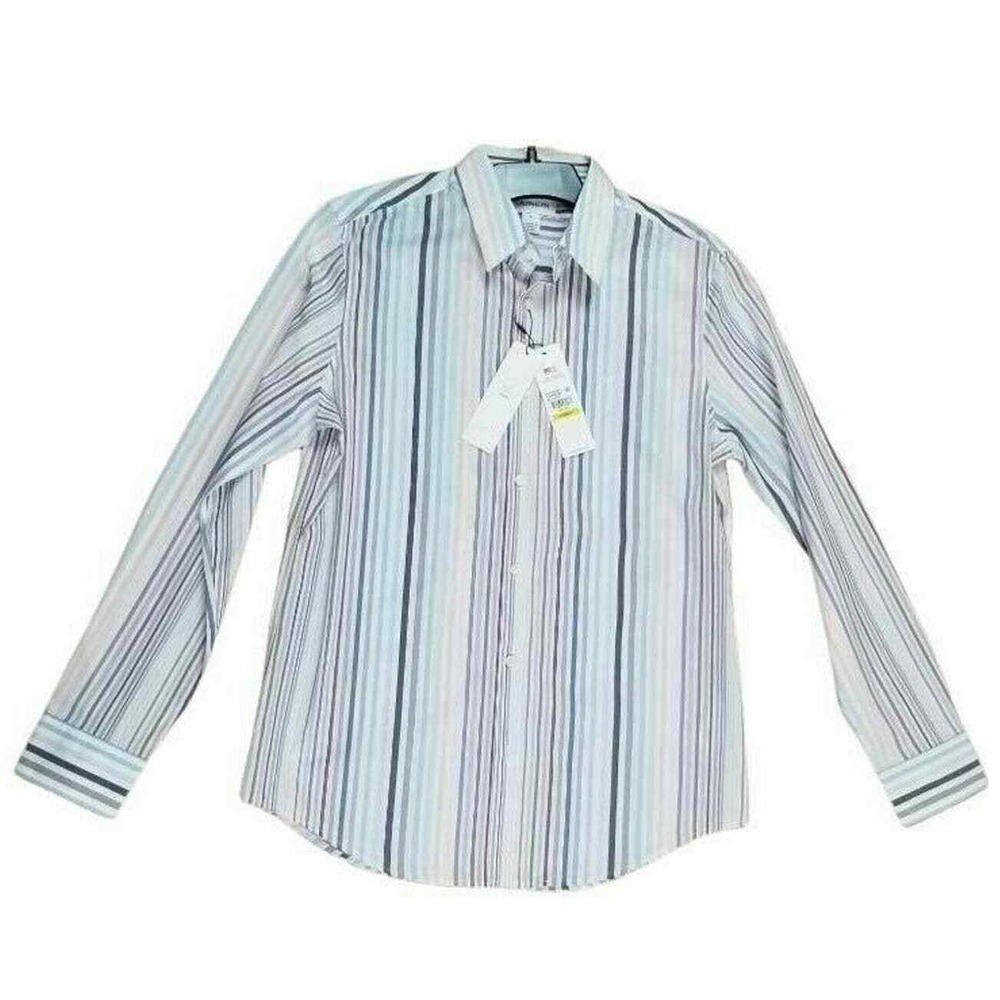 Calvin Klein Button Down Shirt Mens Large White Multi Stripe New Refined Stretch